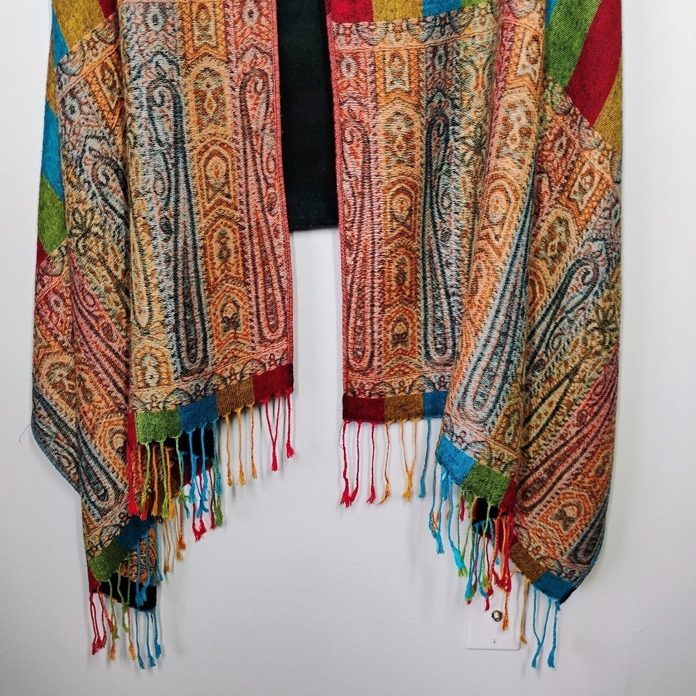 Pashmina Style Boho Paisley Rainbow Stripe Fringe Scarf Shawl Cover Up One Size‎ - Picture 3 of 13